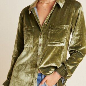 Maeve Karina Crushed Velvet Button Down in Olive Green (Size 0/XS)